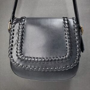 Lionel Black Whipstitch Crossbody Saddle Bag Gold Hardware Faux Leather